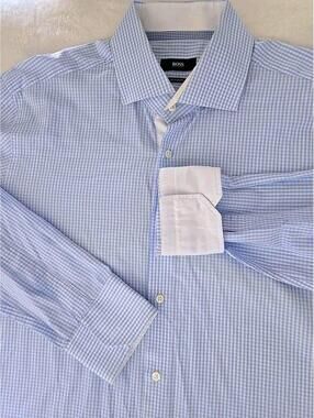 BOSS Hugo Boss Mens 16.5 M Blue White Plaid Button Up Shirt